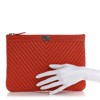 CHANEL Calfskin Chevron Quilted Medium Boy Cosmetic Case Red