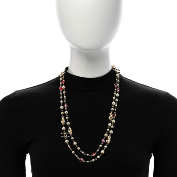 CHANEL Pearl Crystal CC Long Necklace Gold Multicolor