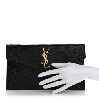SAINT LAURENT Calfskin Crocodile Embossed Uptown Monogram Clutch Black