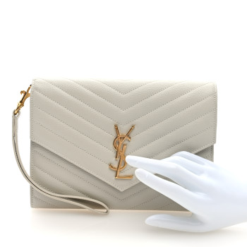 SAINT LAURENT Grain De Poudre Matelasse Chevron Monogram Envelope Clutch Blanc Vintage