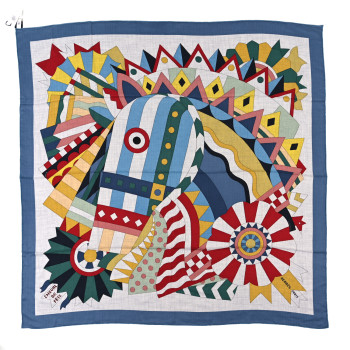 HERMES Cashmere Silk Cheval De Fete Shawl 140 Gris Chine Bleu Jaune Vif Multicolor