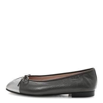 CHANEL Calfskin Metallic Goatskin CC Cap Toe Ballerina Flats 37.5 Gris Argent