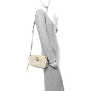 GUCCI Calfskin Matelasse Small GG Marmont Chain Shoulder Bag White