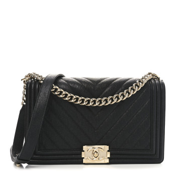 CHANEL Caviar Chevron Quilted New Medium Boy Flap Black