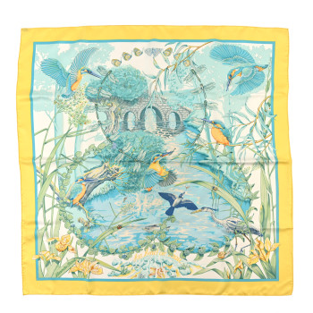 HERMES Silk Au Bord de L'Eau Scarf 90 Citron Turquoise Multicolor