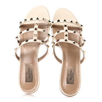 VALENTINO GARAVANI Nappa Rockstud Caged Flat Slide Sandals 40 Light Ivory