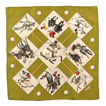 HERMES Silk Le Monde du Polo Pocket Scarf 45 Vert Beige Multicolor