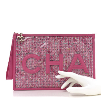 CHANEL Tweed PVC Lambskin Wristlet Pouch Pink