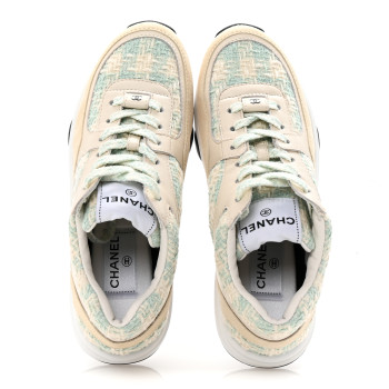 CHANEL Tweed Suede Calfskin Womens CC Sneakers 36.5 Blue Ecru