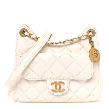 CHANEL Shiny Crumpled Calfskin Quilted Small Wavy CC Hobo White
