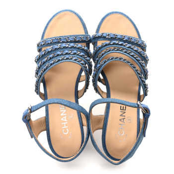 CHANEL Denim Cork Chain Wedge Sandals 39 Blue