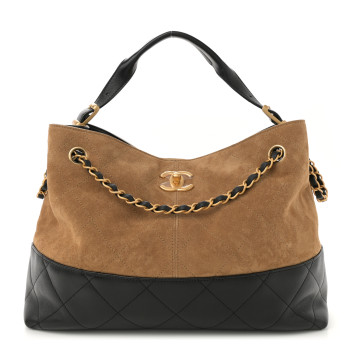 CHANEL Suede Shiny Lambskin Quilted Small Shopping Bag Beige Black