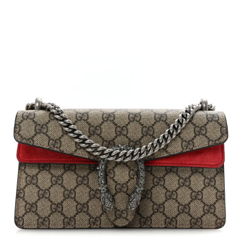 GUCCI GG Supreme Monogram Suede Crystal Small Dionysus Shoulder Bag Beige Ebony Vulcanic Red