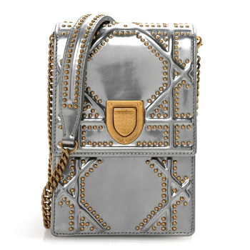 CHRISTIAN DIOR Metallic Calfskin Studded Vertical Diorama Silver