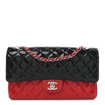 CHANEL Patent Calfskin Quilted Bi-Color Medium Double Flap Black Red