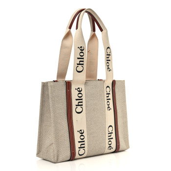 CHLOE Cotton Calfskin Medium Woody Ribbon Tote White Brown