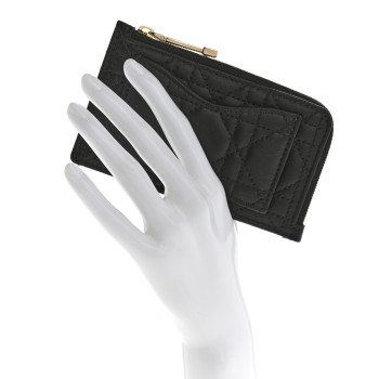 CHRISTIAN DIOR Supple Calfskin Cannage Lady Dior Cosmos Zipped Card Holder Black