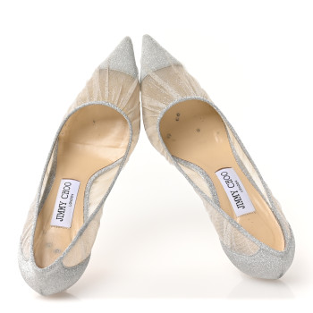 JIMMY CHOO Fine Glitter Tulle Love 85 Pumps 37.5 Ivory Silver