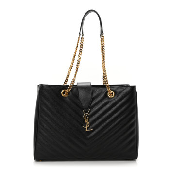 SAINT LAURENT Grain De Poudre Matelasse Chevron Monogram Shopping Bag Black