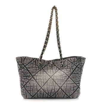 CHANEL Washed Denim Quilted Chanel 19 East West Shopping Bag Black White