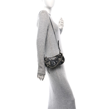 BALENCIAGA Extra Supple Calfskin Crocodile Embossed Crystal Le Cagole Mini Purse With Chain Black