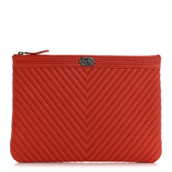 CHANEL Calfskin Chevron Quilted Medium Boy Cosmetic Case Red