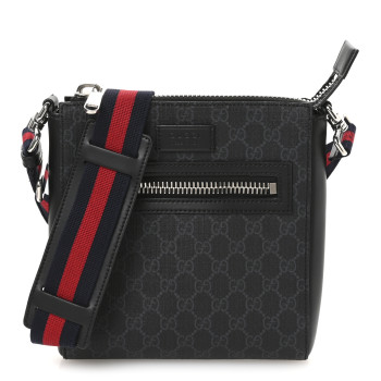 GUCCI GG Supreme Monogram Web Small Flat Messenger Bag Black Grey