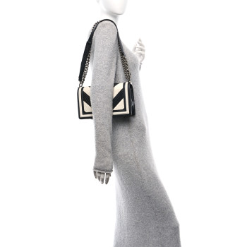 CHANEL Calfskin Pleated Medium Boy In Rome Flap Black White