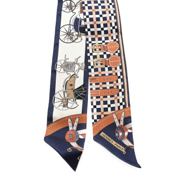 HERMES Silk Les Voitures Nouvelle Twilly Marine Caramel White