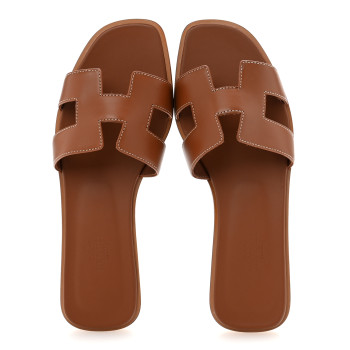 HERMES Box Calfskin Oran Sandals 37 Gold
