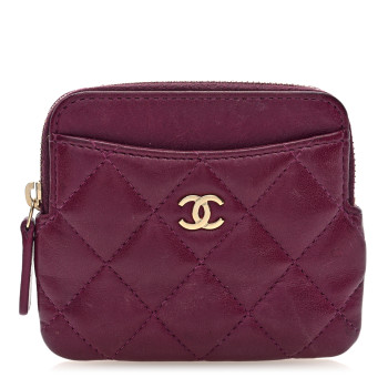 CHANEL Lambskin Quilted Zip Card Holder Wallet Burgundy