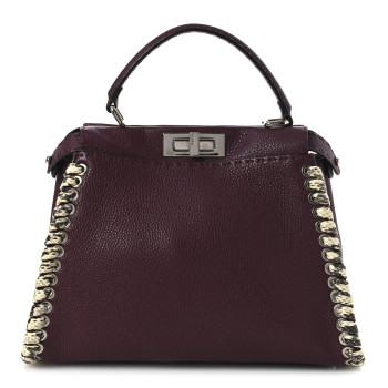 FENDI Cuoio Romano Elaphe Selleria Lace Up Bi-Color Medium Peekaboo Iconic Satchel Bordeaux Grigio Polvere Natural