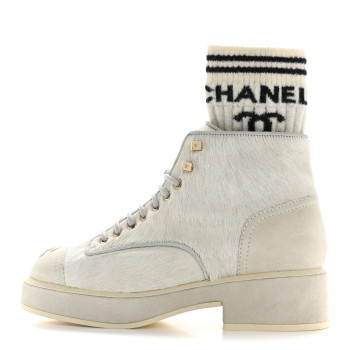 CHANEL Suede Pony Hair Shearling Lace Up Combat Boots 36.5 White