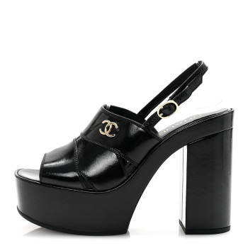 CHANEL Crumpled Patent Lambskin Platform Sandals 37.5 Black