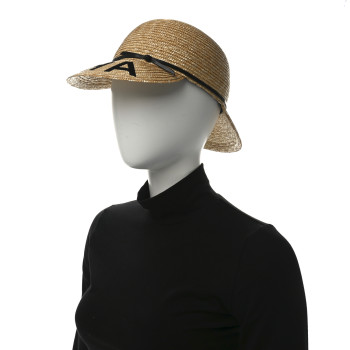CHANEL Straw Calfskin Logo Visor Hat M Natural Black