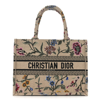 CHRISTIAN DIOR Raffia Embroidered Petites Fleurs Medium Book Tote Natural
