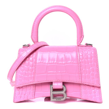 BALENCIAGA Shiny Calfskin Crocodile Embossed Hourglass Top Handle Bag XS Baby Pink
