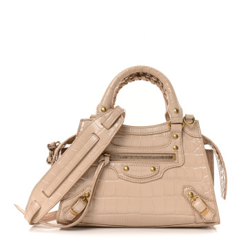 BALENCIAGA Shiny Supple Calfskin Crocodile Embossed Neo Classic Gold Hardware Mini City Light Beige