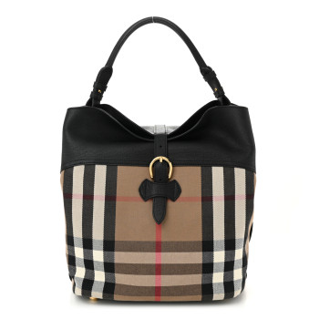 BURBERRY Grainy Calfskin House Check Medium Sycamore Hobo Black