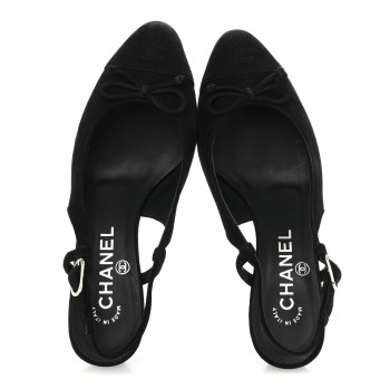 CHANEL Suede Cap Toe CC Slingback Pumps 36 Black