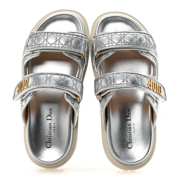 CHRISTIAN DIOR Laminated Sheepskin Cannage Dior Or Dioract Slide Sandals 37 Steel