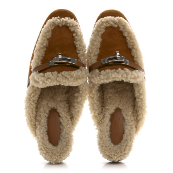 HERMES Suede Goatskin Woolskin Womens Oz Mules 37 Naturel