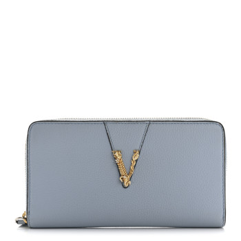 VERSACE Grained Calfskin Virtus Zip Around Wallet Light Blue