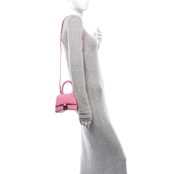 BALENCIAGA Shiny Calfskin Crocodile Embossed Hourglass Top Handle Bag XS Baby Pink