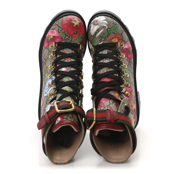 GUCCI GG Supreme Monogram Flora Lace Up Combat Ankle Boots 37.5 Beige Multicolor Red