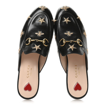 GUCCI Goatskin Bee Star Embroidered Womens Princetown Slippers 35.5 Black