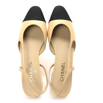 CHANEL Lambskin Grosgrain Cap Toe CC Slingback Sandals 41 Beige Black