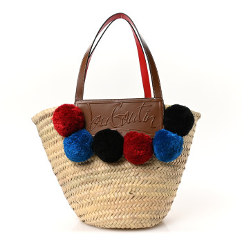 CHRISTIAN LOUBOUTIN Woven Straw Pompom Loubishore Tote Naturel Multicolor Biscotto