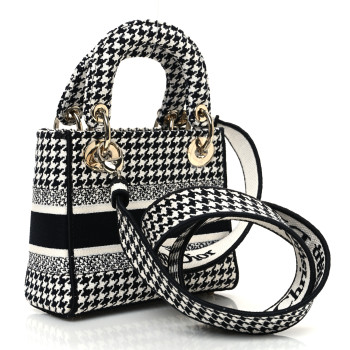 CHRISTIAN DIOR Canvas Houndstooth Embroidered Mini Lady D-Lite Black White