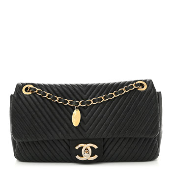 CHANEL Calfskin Chevron Quilted Medium Surpique Flap Black